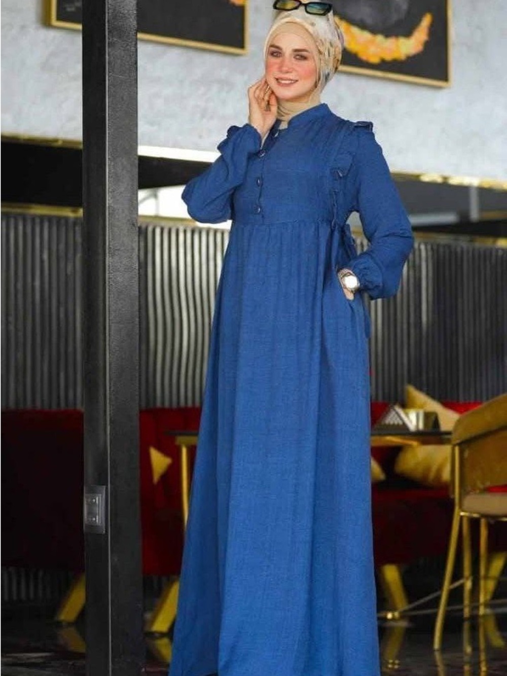 Blue Modest Maxi Dress with Ruffle Details Jeans